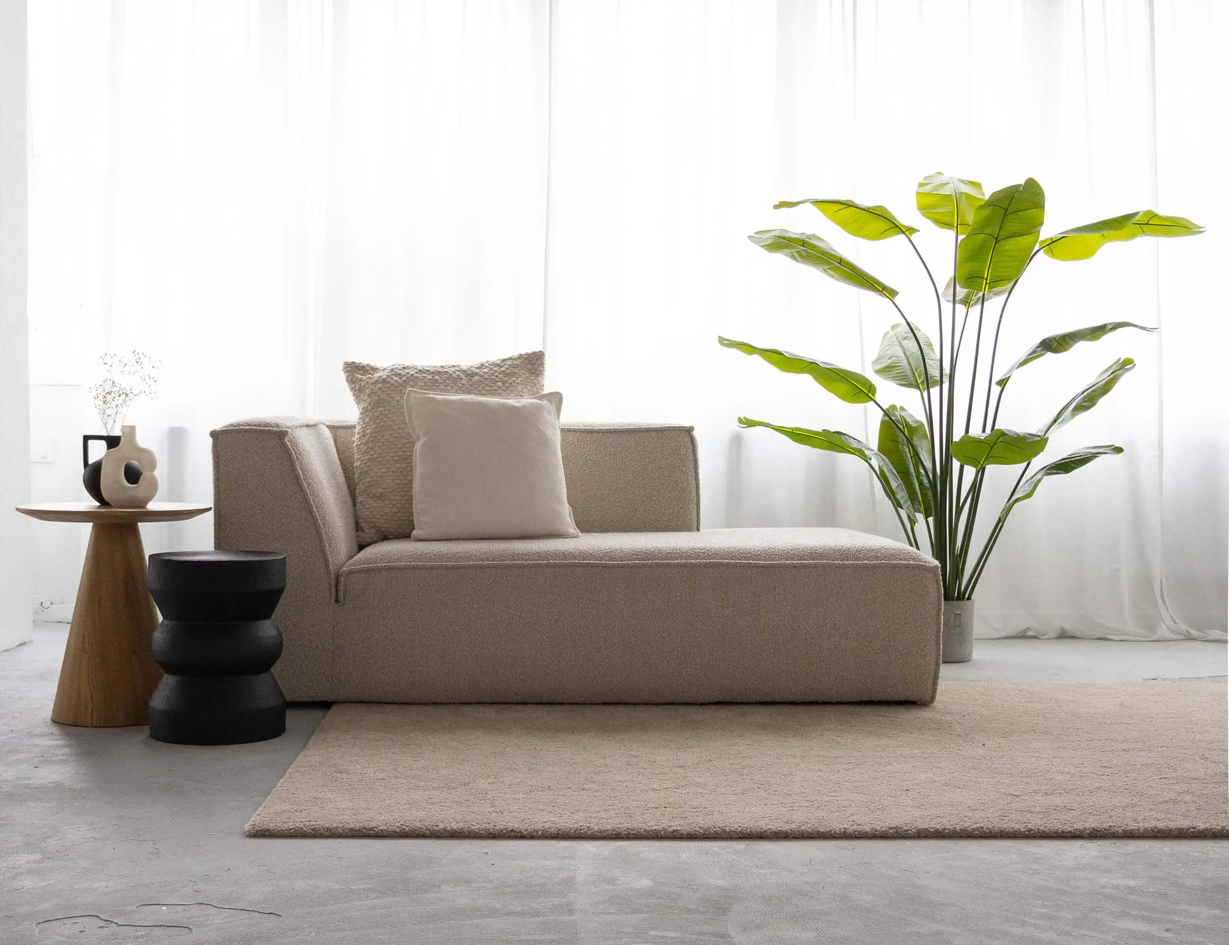 Stoffen bank met bijzettafels en grote groene plant op laagpolig vloerkleed gestyled voor interieurfotografie opleiding.