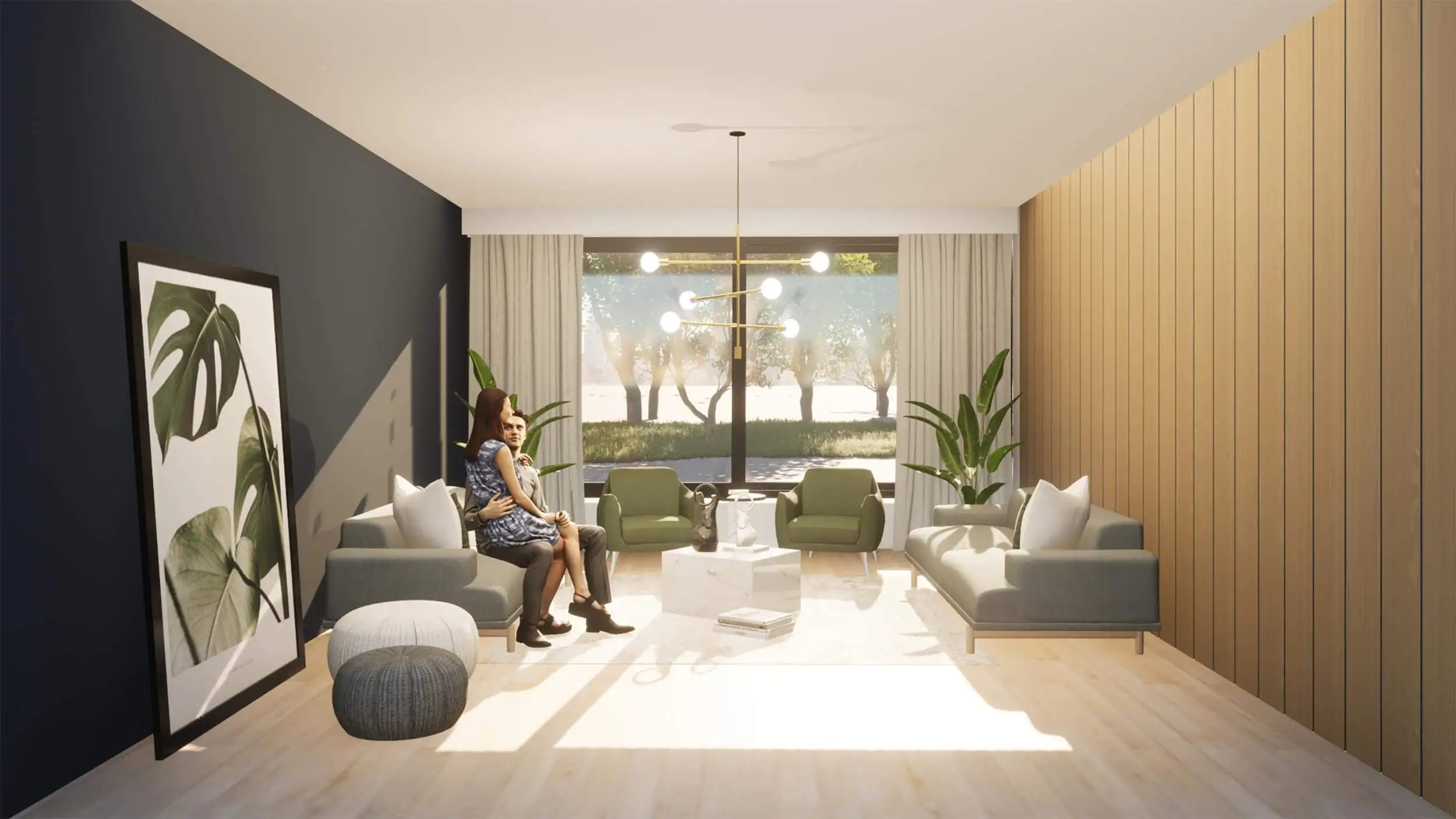 Ontwerp binnen SketchUp Pro van een woonkamer zitgedeelte met lichtinval en een grote poster met plant.