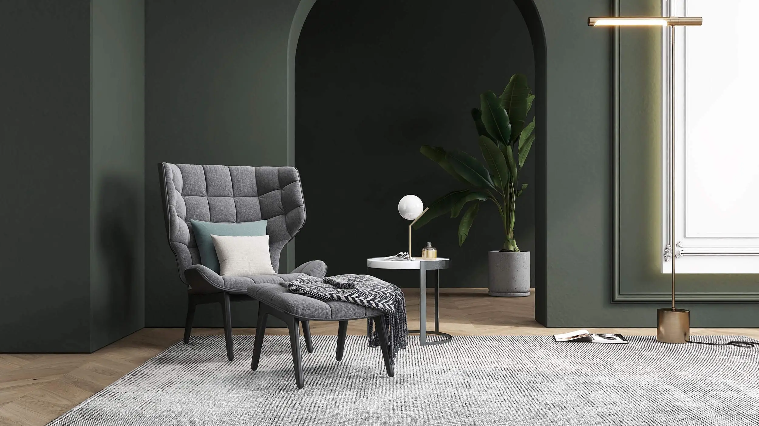 interieurstyling stoel gestijld door vastgoedstyling voor grijze muur
