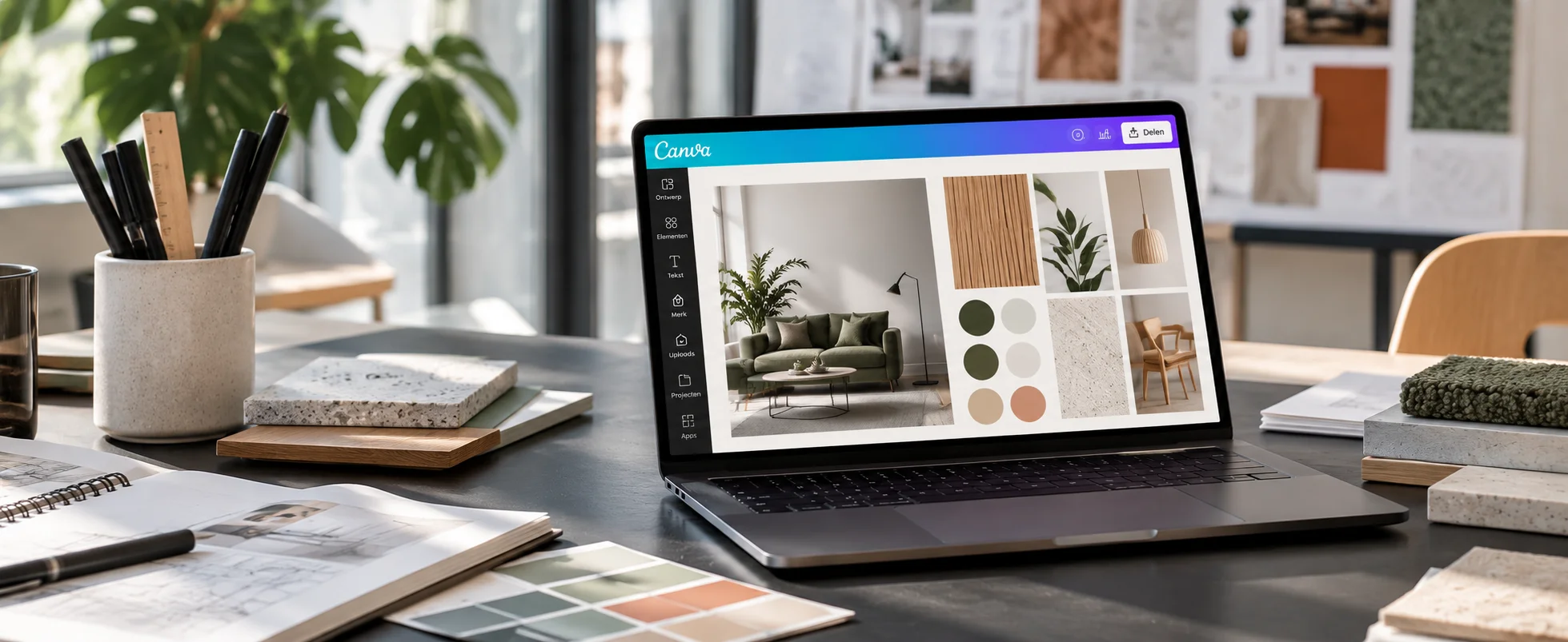 Creatieve interieurstudio met moodboardlaptop